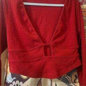 Women's Red V-Neck Long Sleeve Top